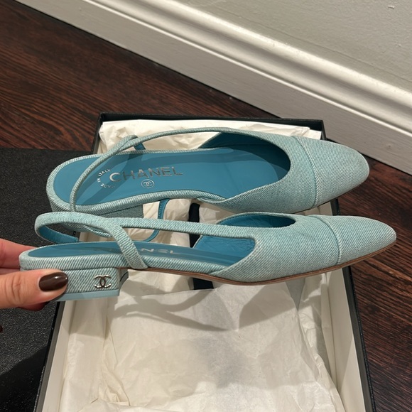 🩵 Chanel 21S Denim Blue Neon Mademoiselle Coco Sling Slingback Flat Sandal 37 - Picture 5 of 6